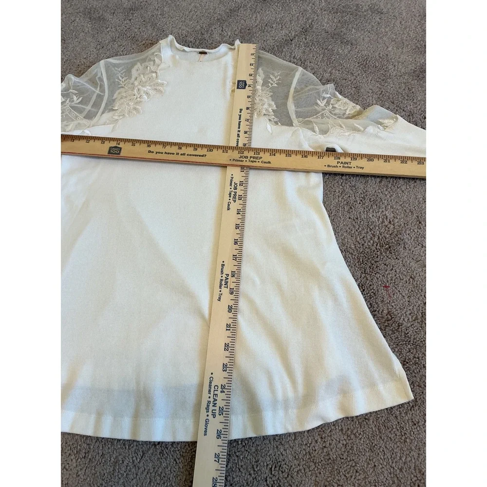 Free People Cream Ribbed Knit Embroidered Mesh Lace Long Sleeve Top XS